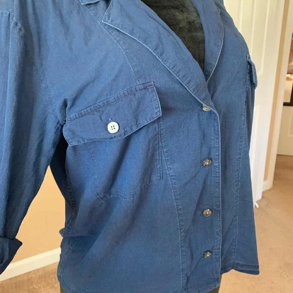 J Crew Camp Collar Shirt Womens 12 Blue V
Neck Cotton Voile Button Up Roll Tab - Picture 5 of 11
